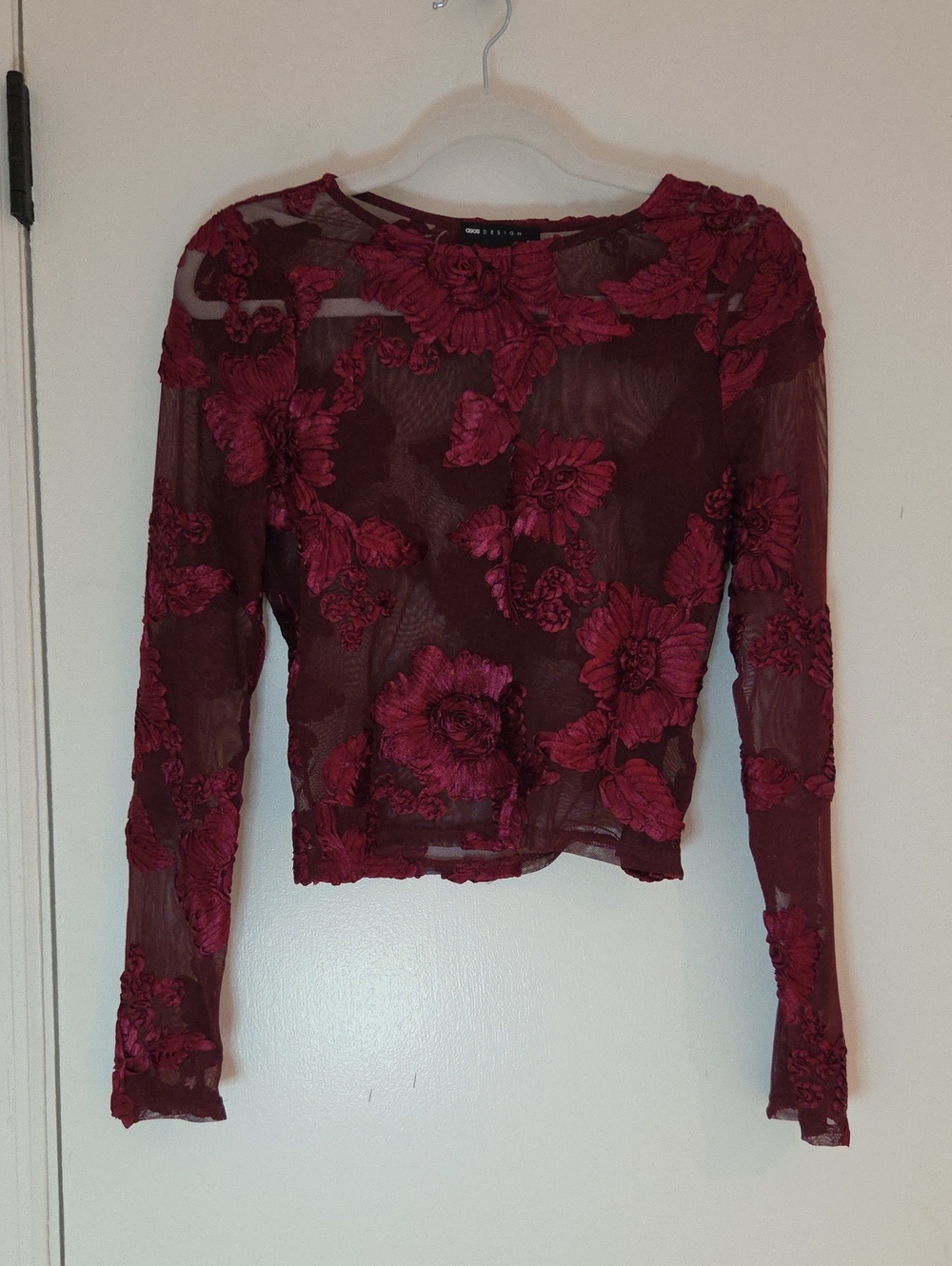 ASOS DESIGN Floral Mesh Long Sleeve Top in Red & Black Size 6 - Picture 1 of 4